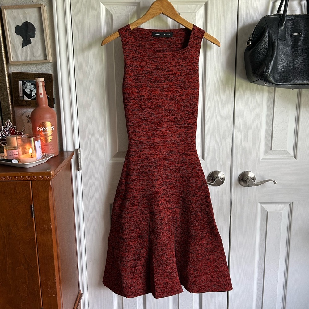 Proenza Schouler red & black static slashed luxury architectural midi dress